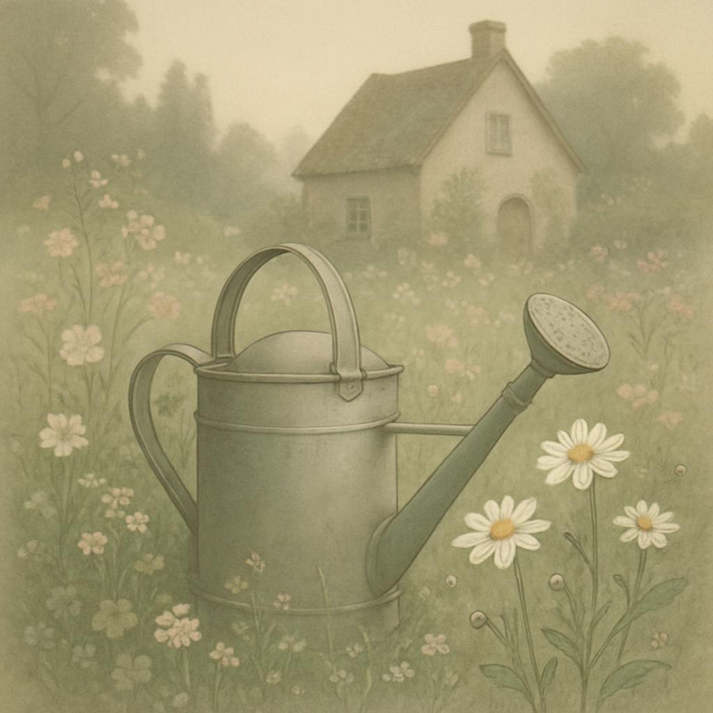 a vintage-style illustration of a watering can in a field of wildflowers in front of a house, the image has a foggy dreamy...