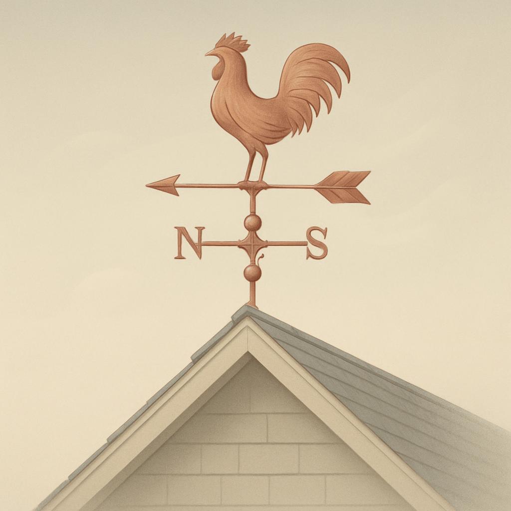 A copper weather vane adorns a gable roof against a foggy backdrop, featuring the cardinal directions (north, south, east,...