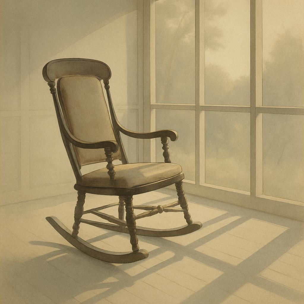 A medium-dark-toned rocking chair is set in front of a window with diffuse light.